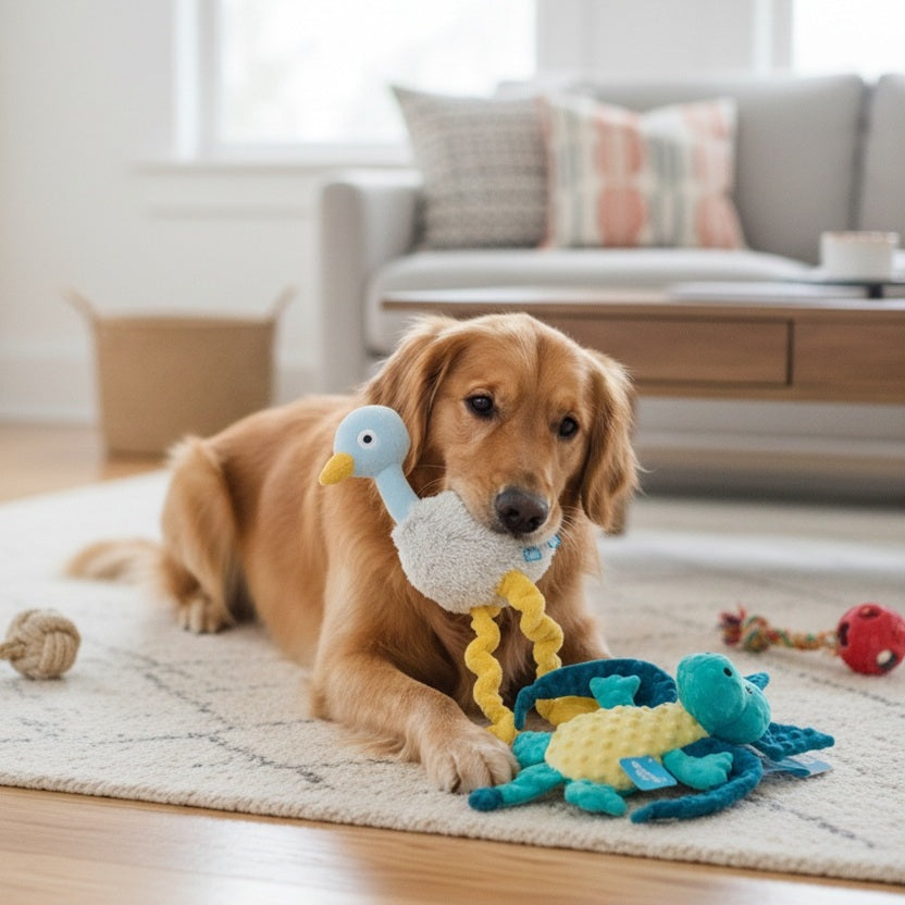 Shiba Emu and Dingbert the Dragon Plush Dog Squeak Chew Toys Bundle
