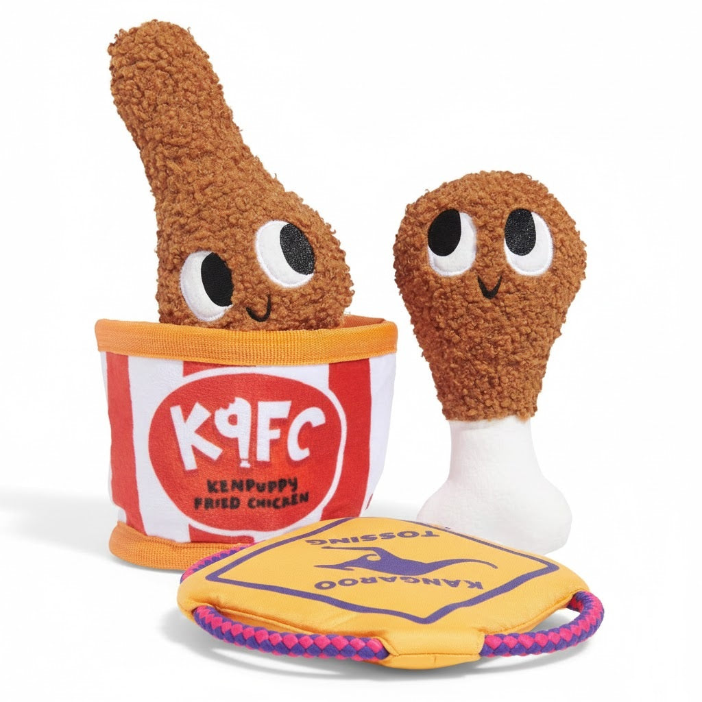 Kangaroo Tossing and Kenpuppy Fried Chicken Plush Dog Squeak Toy Bundle